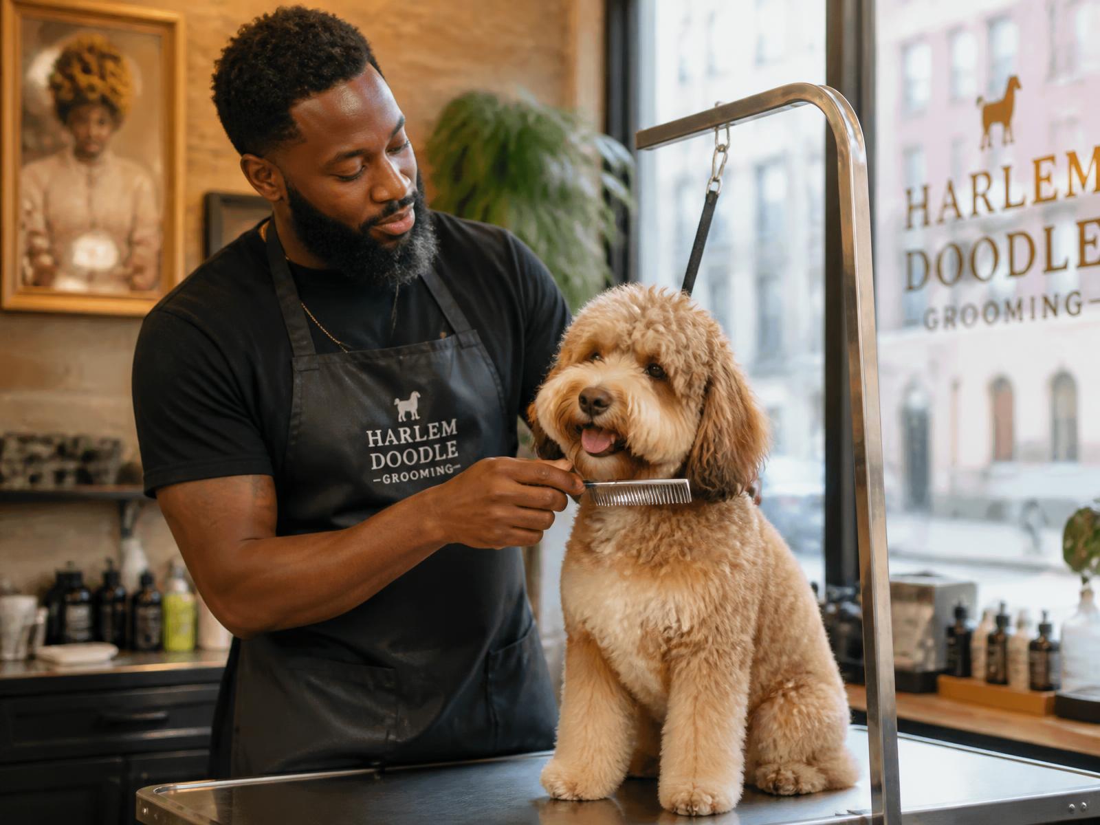 A professional groomer working with a dog at a Harlem grooming salon